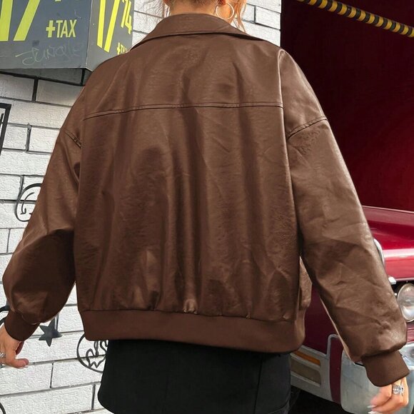 Brown Casual Women's Drop Shoulder Zipper Patent Black Jacket - Picture 2 of 6